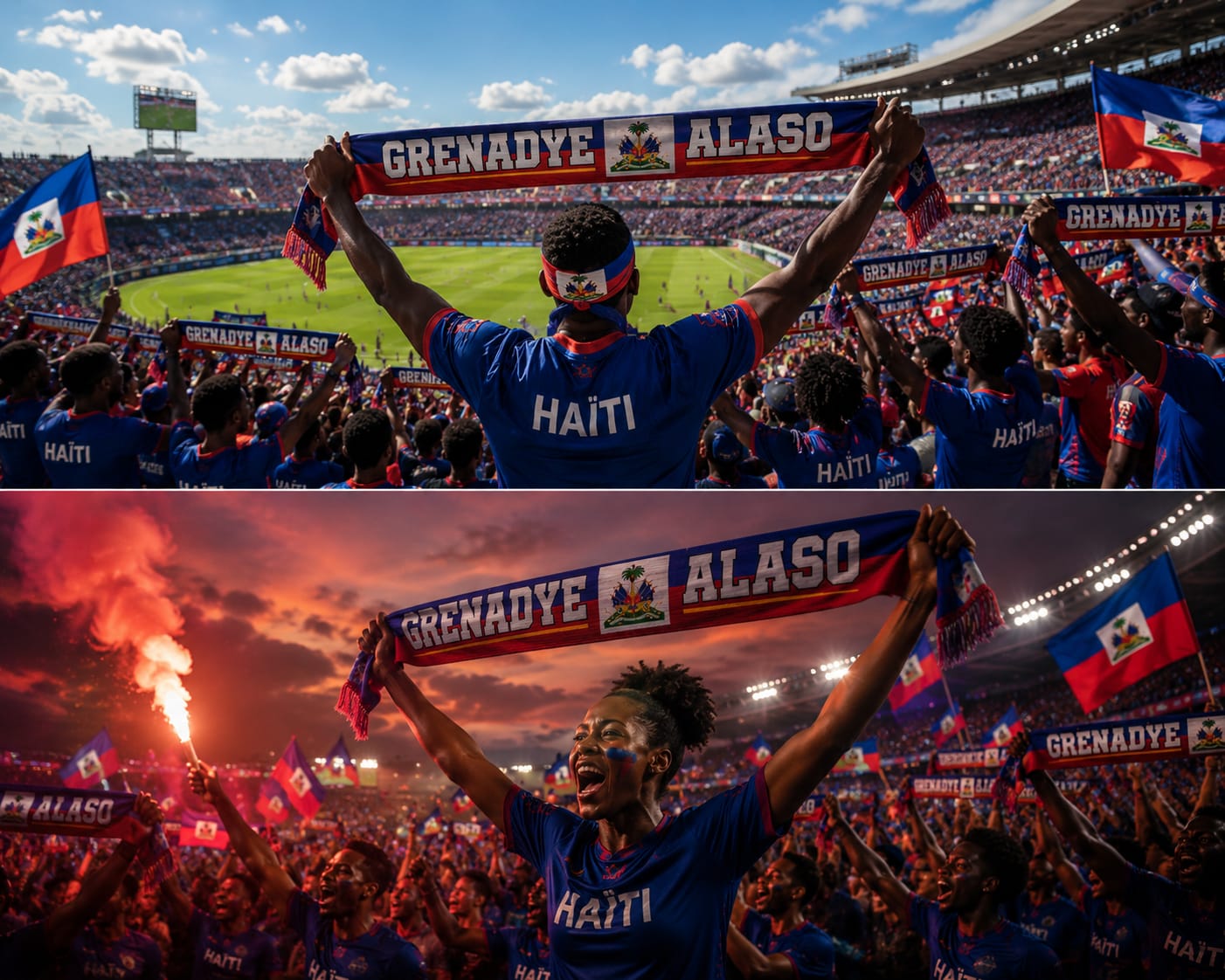 Two images of a people holding a scarf with 'Grenadye Alaso' and 'Haiti' at a sports event.